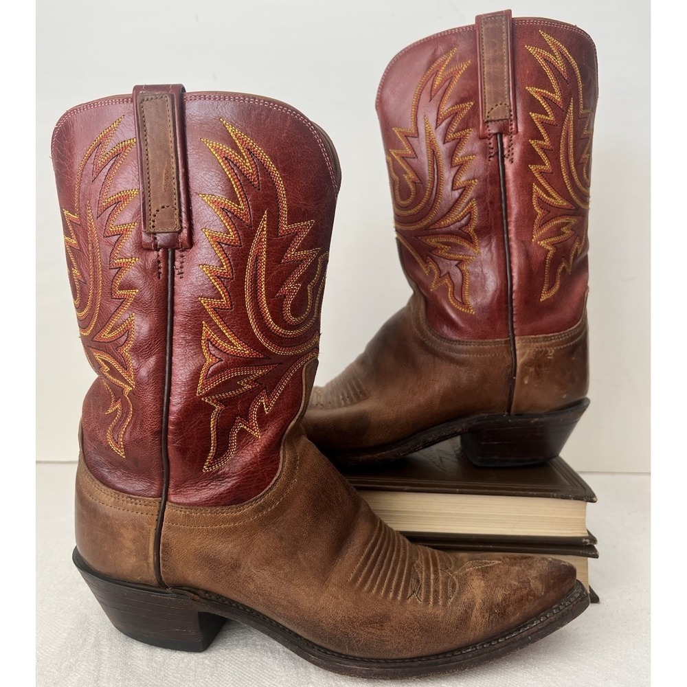 Lucchese Women's 1883 Boots Mad Dog Tan Red Cosmo Goat 7.5 Snip Toe Cowgirl‎